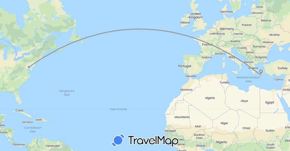TravelMap itinerary: driving, plane in Greece, United States (Europe, North America)